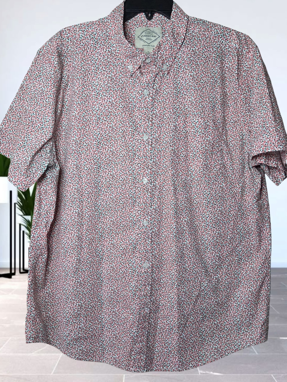St. John's Bay Pink and White Micro-Print Short-Sleeve Button-Down Shirt